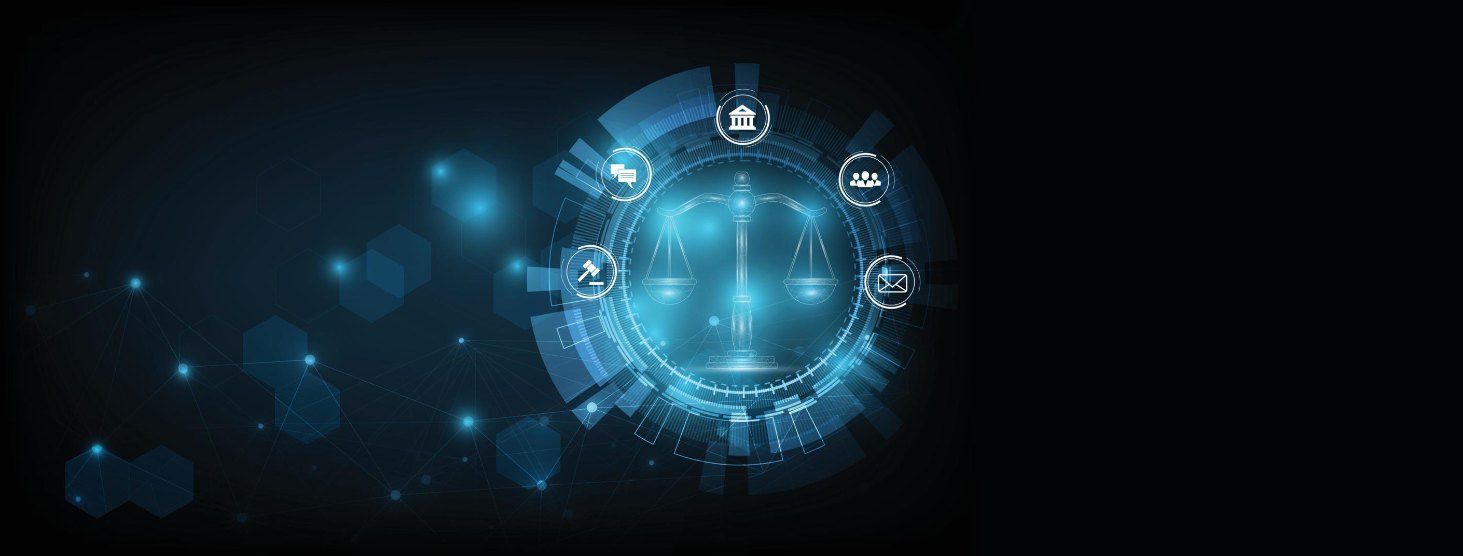 Abstract visualization of a legal-technology assessment — scales of justice within a digital interface
